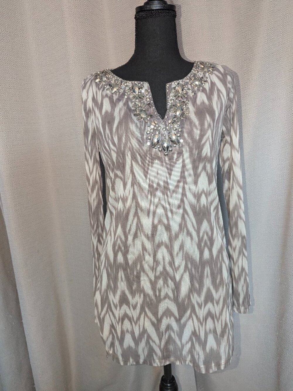 INC International Concepts Gray and White Beaded Tunic Top